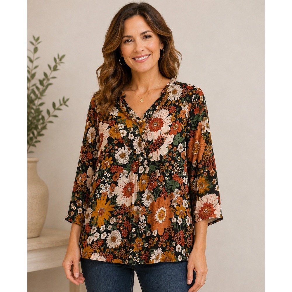 Natural Life Floral Tunic Top Womens S/M Black Orange V-Neck Frayed Boho Blouse